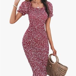 Floern’s Women’s Floral Print square neck puff short sleeve bodycon midi dress
